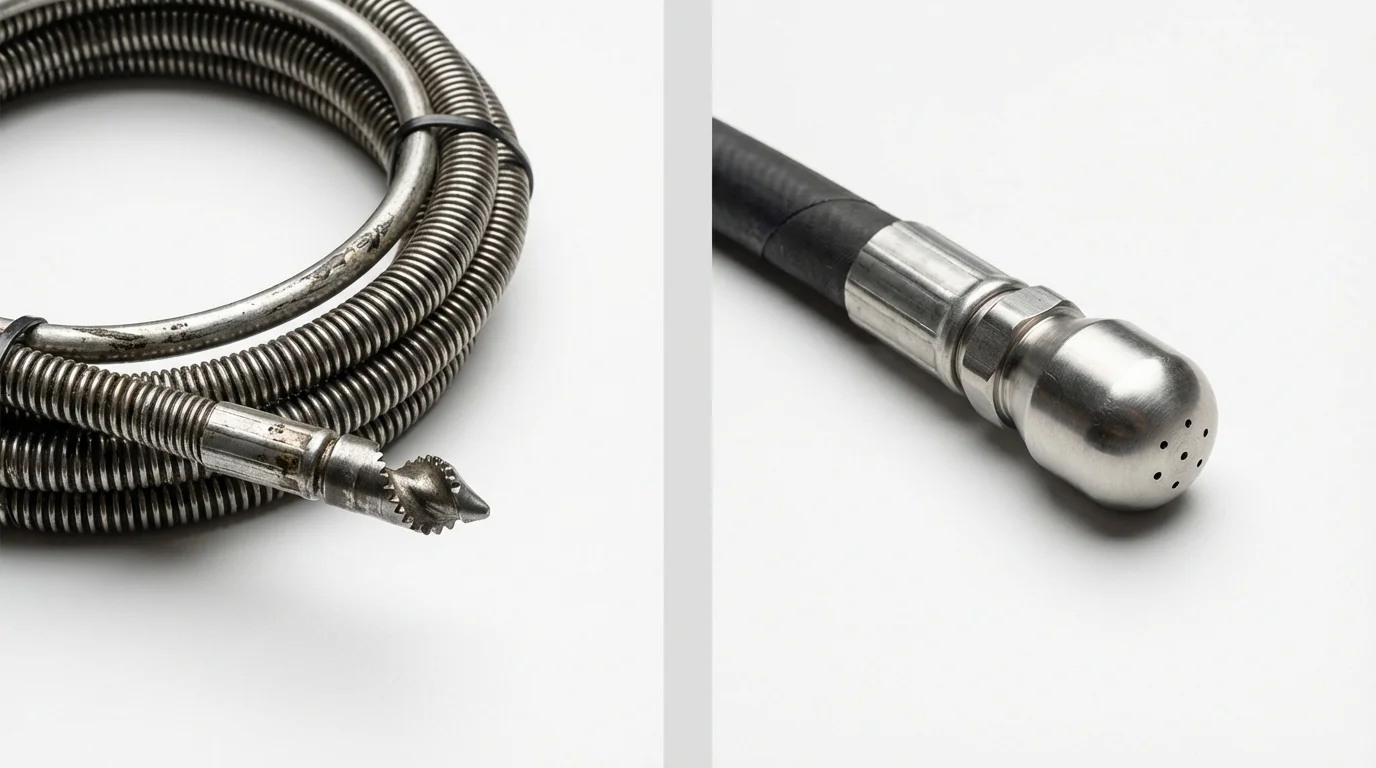 Drain snake cable and hydro jetting nozzle used for drain cleaning in Mansfield, OH