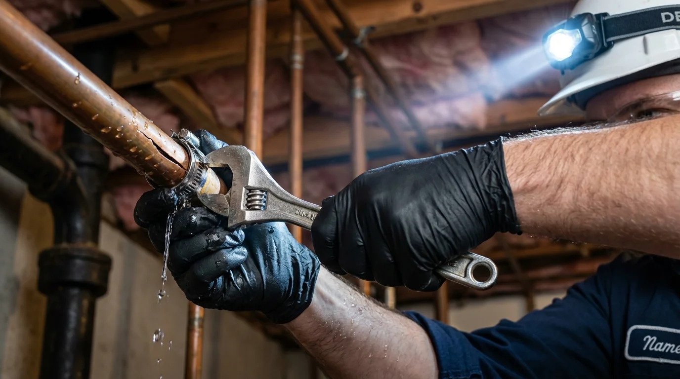 Emergency pipe clamp repair being performed by a Johns Plumbing LLC plumber in Mansfield