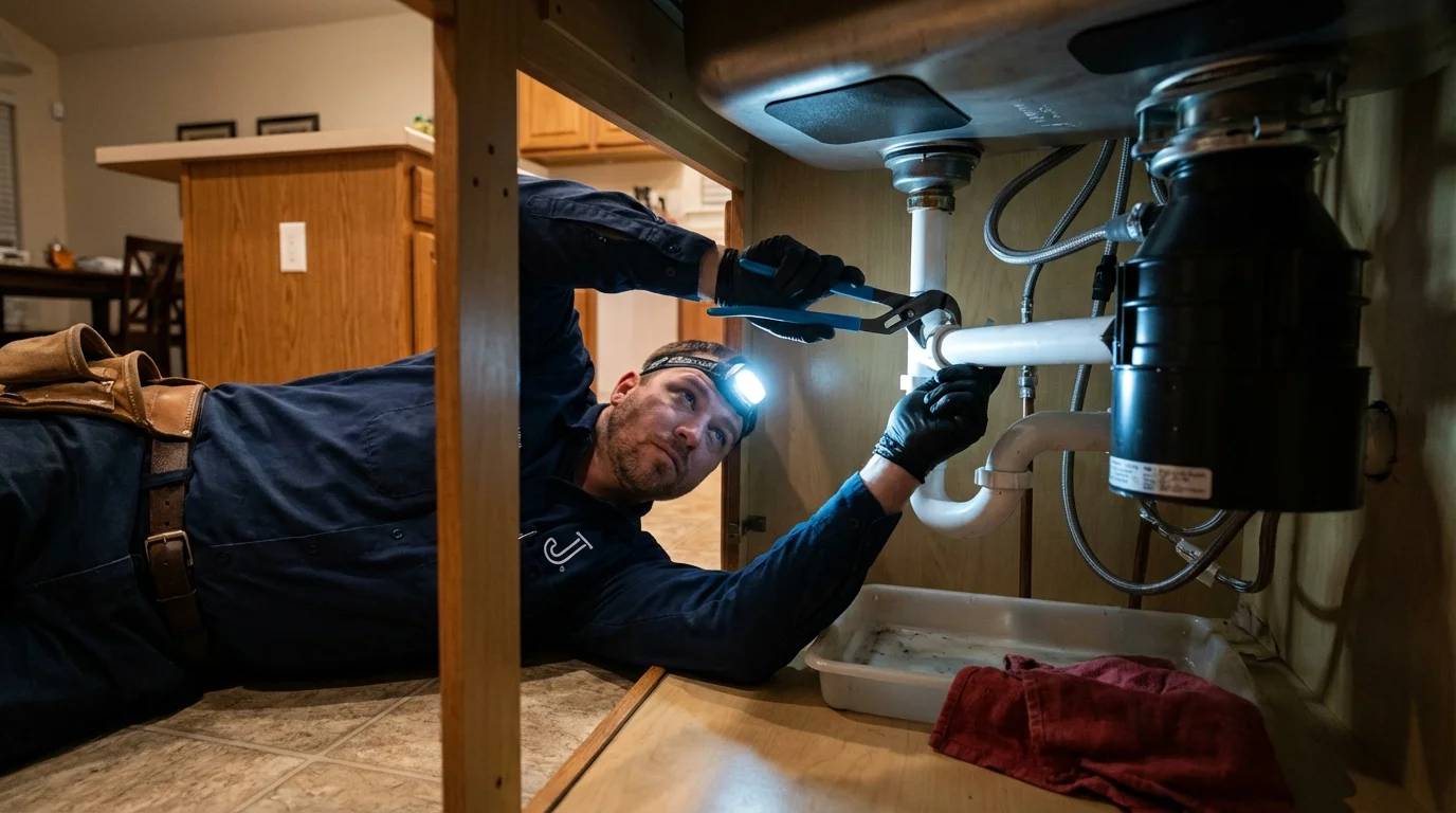 P-trap and supply line connections under a kitchen sink showing a common leak point in Mansfield, OH
